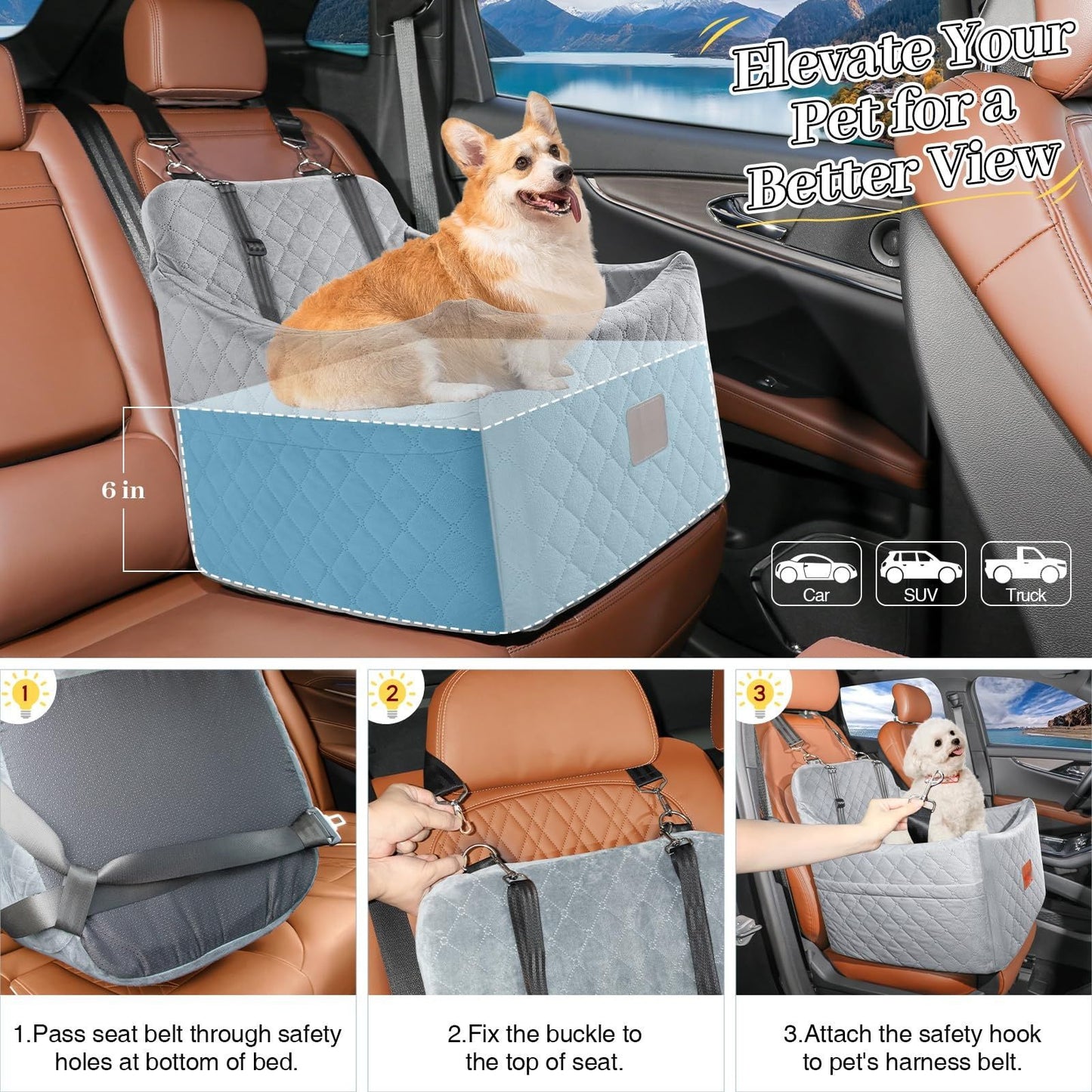 Washable Pet Car Bed with Elevated Bottom