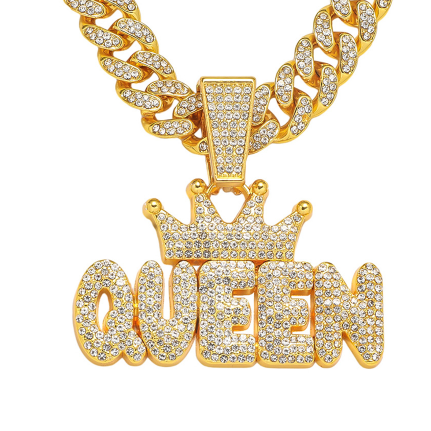 Men's Full Rhinestone Hip Hop Crown QUEEN Pendant Necklace