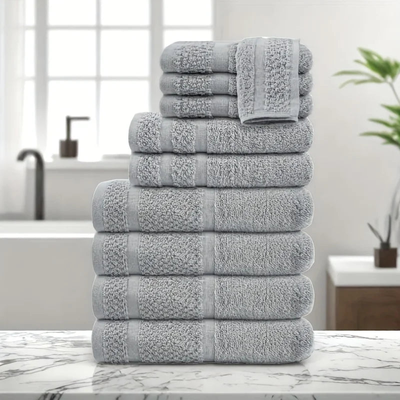 10pcs Bath Towel Set 4pcs Bath Towels&2pcs Hand Towels&4pcs Washcloths Solid Color Cotton Towels Absorbent Quick-drying