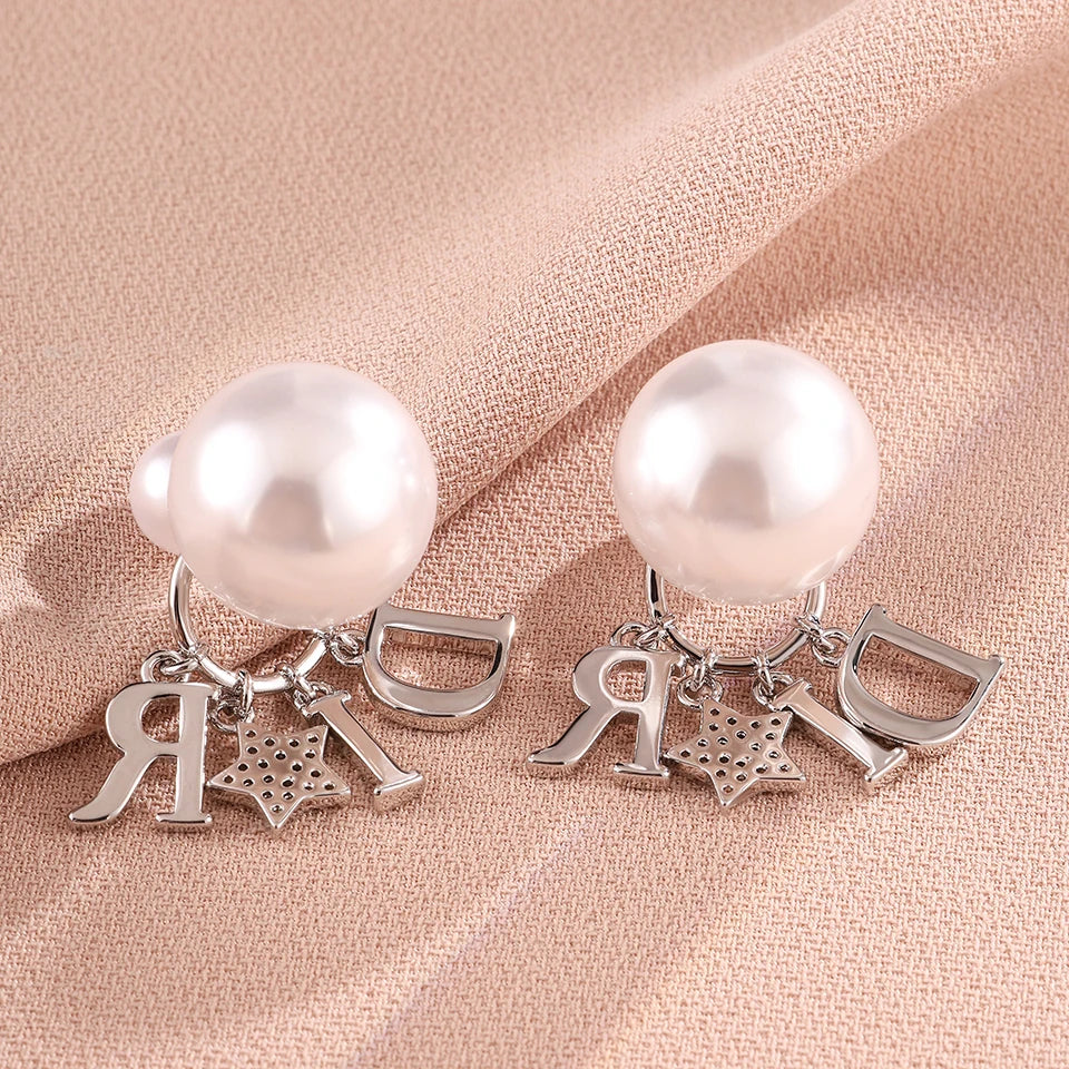Elegant Business Pearl & Star Stud Earrings for Women Fashionable Travel Banquet Party Jewelry Accessory