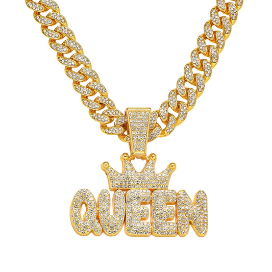Men's Full Rhinestone Hip Hop Crown QUEEN Pendant Necklace