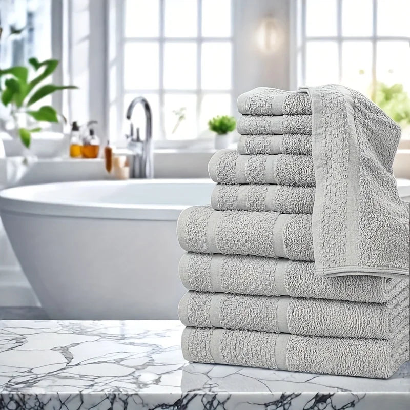 10pcs Bath Towel Set 4pcs Bath Towels&2pcs Hand Towels&4pcs Washcloths Solid Color Cotton Towels Absorbent Quick-drying