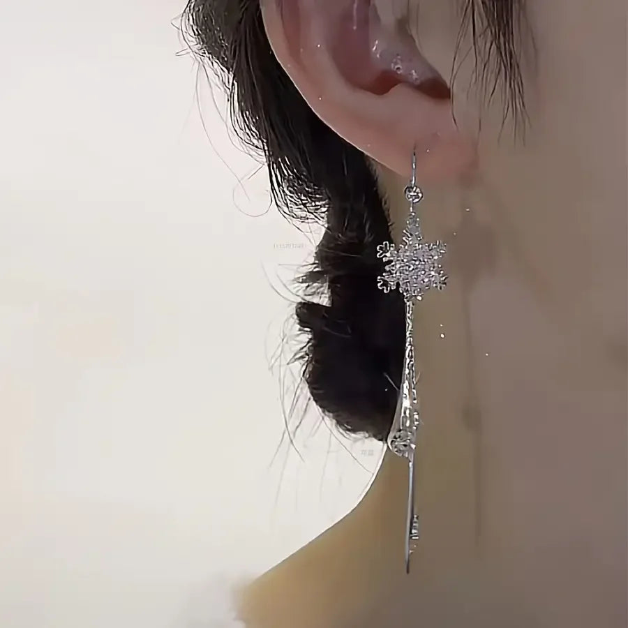 Elegant Snowflake Long Chain Zircon Inlaid Earrings for Women Copper Jewelry Party Decorative Dainty Statement Earrings