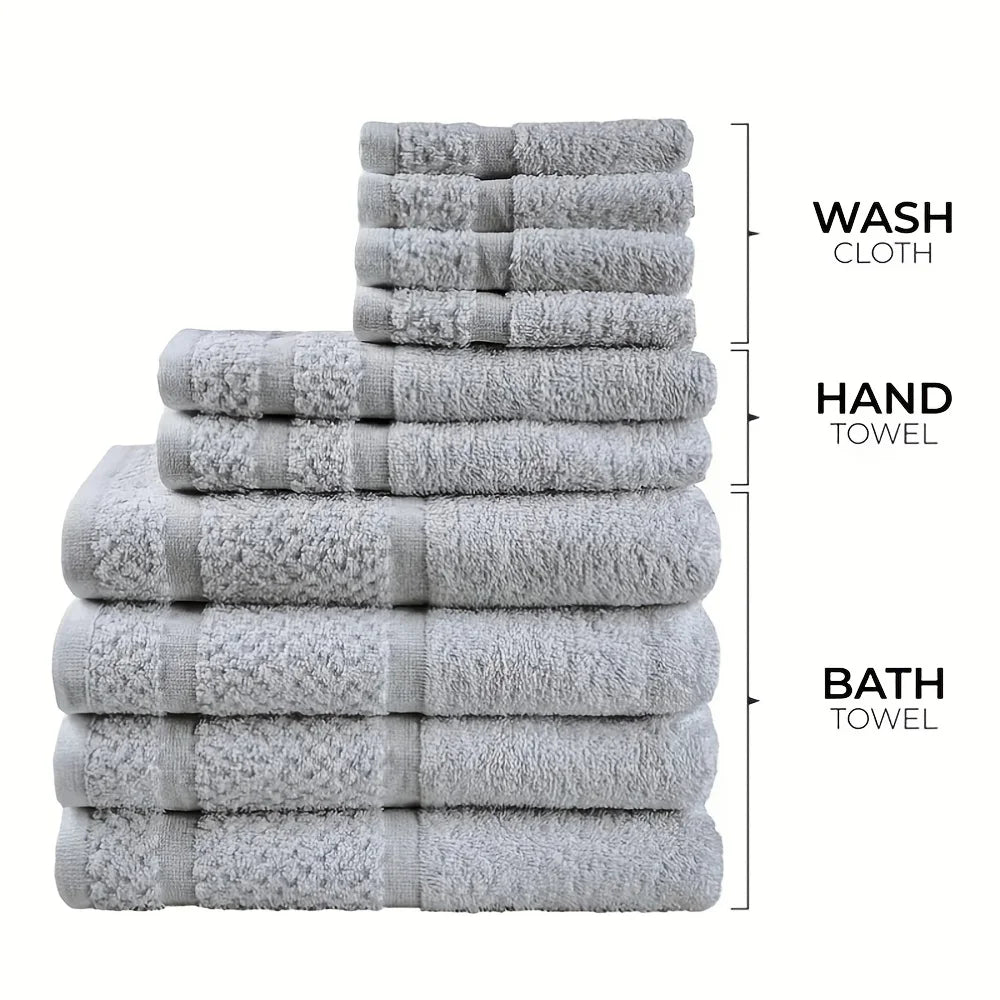 10pcs Bath Towel Set 4pcs Bath Towels&2pcs Hand Towels&4pcs Washcloths Solid Color Cotton Towels Absorbent Quick-drying